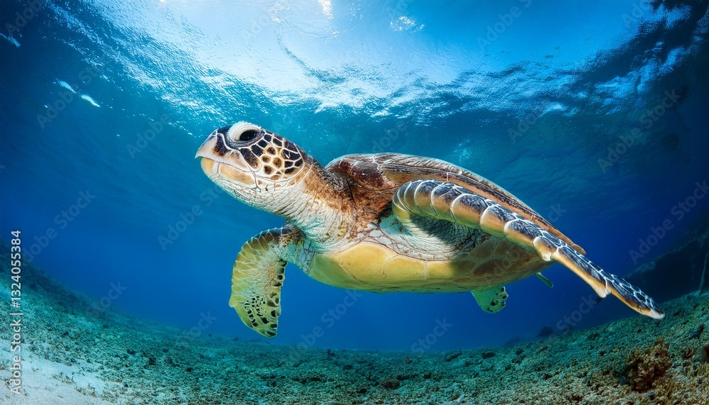 Fototapeta premium Green Sea Turtle swimming in clear blue water
