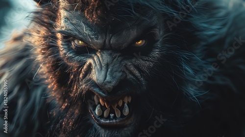 Snarling werewolf with glowing eyes in dark fantasy close-up