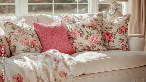 Cozy living room decor with floral pillows home interior design bright atmosphere close-up comfort style