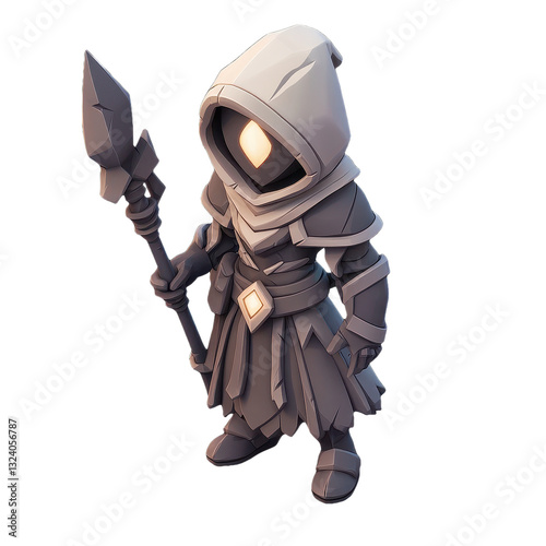 Enigmatic Guardian: A Stone Warrior with Hood and Spear, Embodiment of Fantasy, Magic, and Heroism, Ready for Battle in a Realm of Mystical Adventures and Epic Quests photo