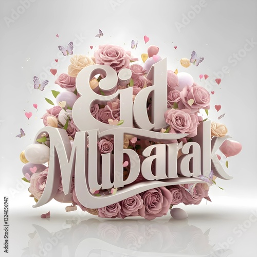 Floral blossoms imaginative display of the letters 'Eid Mubarak ' made from a simple mix of spring flower and balloons. The whimsical illustration design can be used for digital greeting cards, prints
