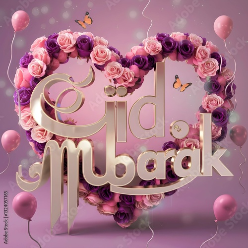 Floral blossoms imaginative display of the letters 'Eid Mubarak ' made from a simple mix of spring flower and balloons. The whimsical illustration design can be used for digital greeting cards, prints