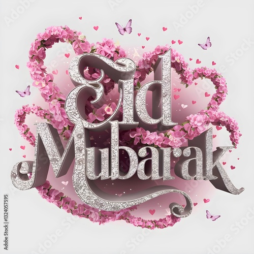Floral blossoms imaginative display of the letters 'Eid Mubarak ' made from a simple mix of spring flower and balloons. The whimsical illustration design can be used for digital greeting cards, prints