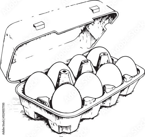 Eggs Carton Black and White Vector Illustration, Sketch Drawing Line Linear Engraving, Hand-drawn Isolated