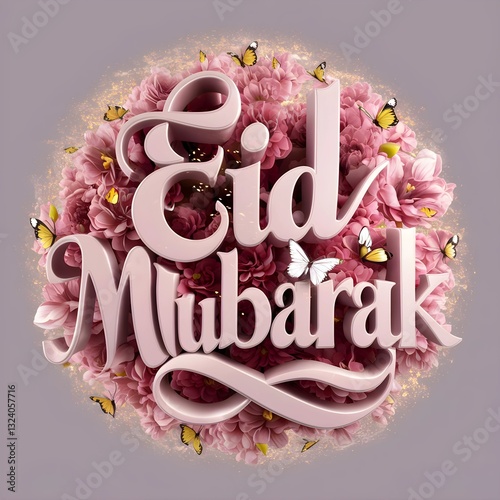 Floral blossoms imaginative display of the letters 'Eid Mubarak ' made from a simple mix of spring flower and balloons. The whimsical illustration design can be used for digital greeting cards, prints
