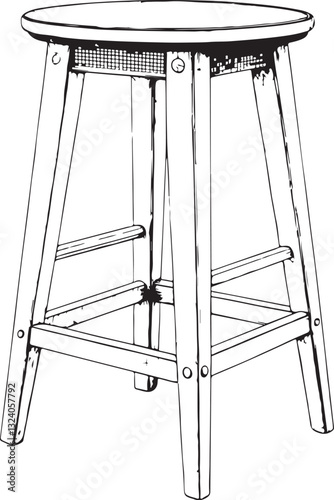 Stool Bar Chair Black and White Vector Illustration, Sketch Drawing Line Linear Engraving, Hand-drawn Isolated