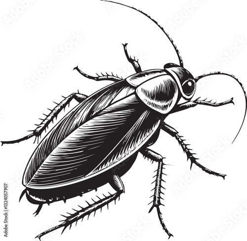 Cockroach Roach Pest Infestation Black and White Vector Illustration, Sketch Drawing Line Linear Engraving, Hand-drawn Isolated