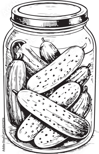 Pickles in Glass jar Black and White Vector Illustration, Sketch Drawing Line Linear Engraving, Hand-drawn Isolated