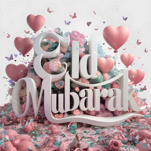 Floral blossoms imaginative display of the letters 'Eid Mubarak ' made from a simple mix of spring flower and balloons. The whimsical illustration design can be used for digital greeting cards, prints