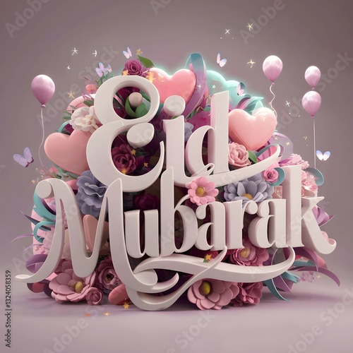 Floral blossoms imaginative display of the letters 'Eid Mubarak ' made from a simple mix of spring flower and balloons. The whimsical illustration design can be used for digital greeting cards, prints