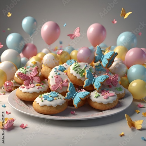 Eid Mubarak texting illustration with Homemade pastry cookies, spring flowers and flying butterflies, balloons, and party arabesque ornaments, design for digital greeting cards wishing and all prints.