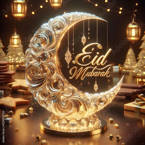 Eid Mubarak golden sparkle crystal crescent greeting card, Arabic Calligraphy, Vector Islamic design, Illustration Background decorated with golden arabesque lanterns. Arabic Eid Mubarak Eid Al-Adha .