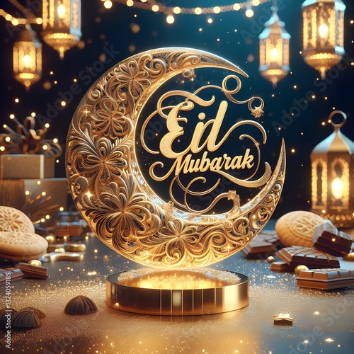 Eid Mubarak golden sparkle crystal crescent greeting card, Arabic Calligraphy, Vector Islamic design, Illustration Background decorated with golden arabesque lanterns. Arabic Eid Mubarak Eid Al-Adha .