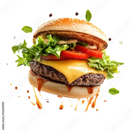 A delicious hot burger in close-up with flying ingredients on a black background.