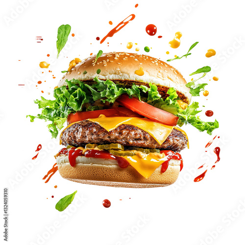 A delicious hot burger in close-up with flying ingredients on a black background.