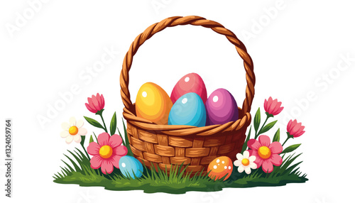 Easter basket with colorful eggs surrounded by flowers