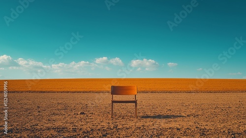 Solitary chair in vast field landscape photography open space minimalist perspective tranquil environment