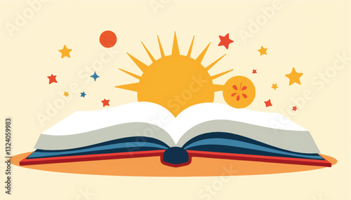 Open book with sun and stars in colorful design