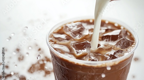Stock photo of an iced coffee in a plastic cup with milk being poured into it, against a white background. Iced Coffee with Milk Splash and Coffee Beans
