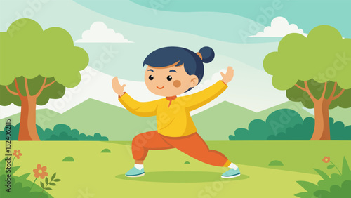 A young child mimics the movements of their parent as they participate in Tai Chi in the park discovering the benefits of this ancient practice at an early age.. Vector illustration