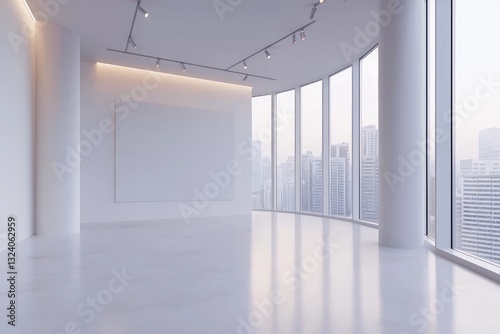 Gallery room with large windows, blank exhibition walls, soft lighting, and realistic minimalist design