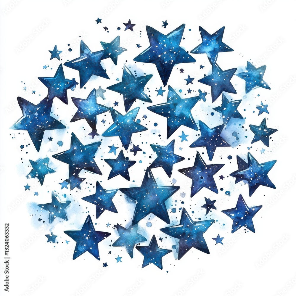 Obraz premium Beautiful Blue Stars in Various Sizes Against a White Background for Artistic and Creative Projects