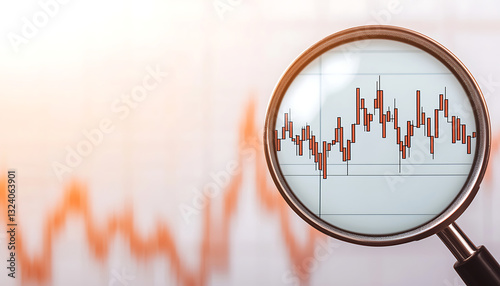 Financial crisis economy stock market. Magnifying glass over blurred stock chart, focusing on details