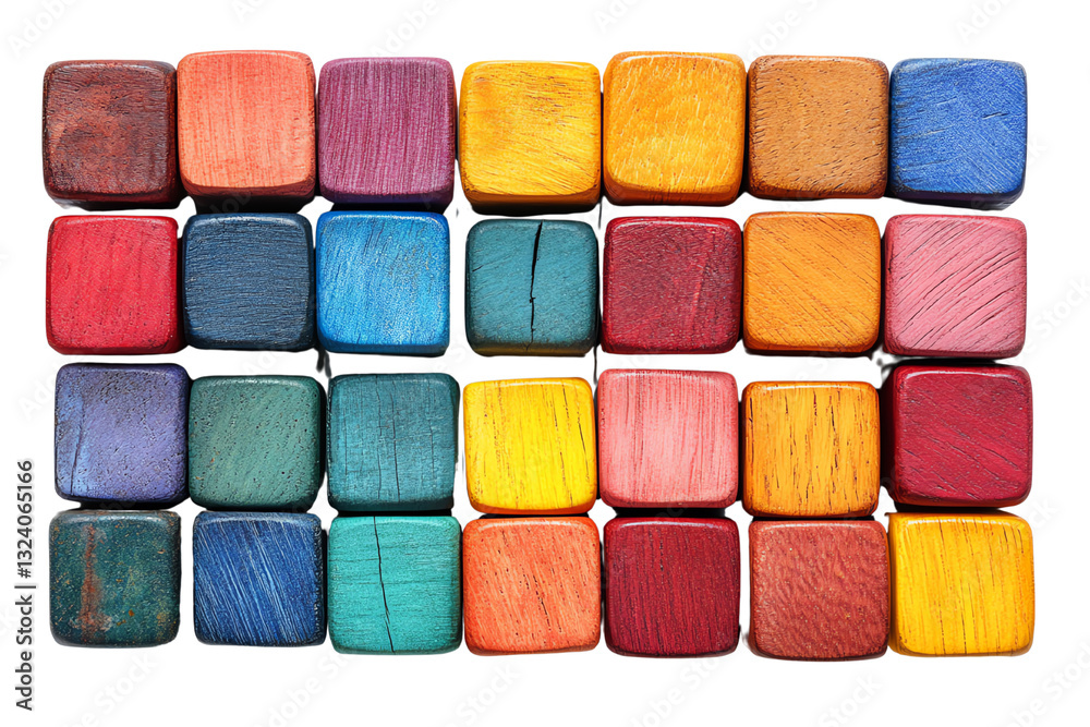 Colorful wooden blocks arranged in a neat grid, showcasing a variety of vibrant hues, perfect for creative activities or educational purposes. Colorful wooden blocks arranged in a neat grid, showcasing a variety of vibrant hues, perfect for creative activities or educational purposes.