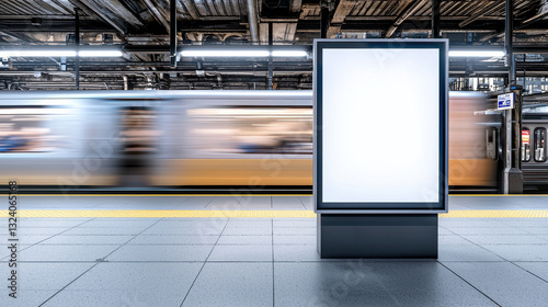 A blank advertising display at a busy subway station, surrounded by moving trains. photo