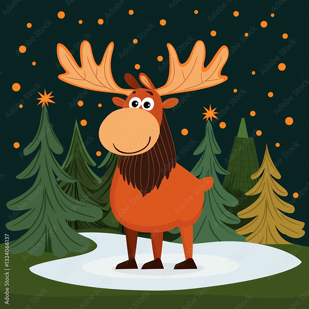 Naklejka premium Delightful Brown Moose in Winter Forest Illustration Under Starry Night Sky