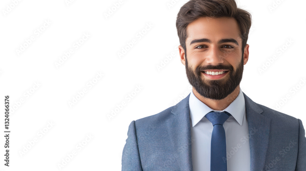 Confident businessman smiling in a suit against a white background, exuding professionalism and approachability. Confident businessman smiling in a suit against a white background, exuding professionalism and approachability.