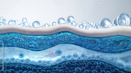 Fototapeta Naklejka Na Ścianę i Meble -  A detailed diagram of the cross sectional area structure of the skin. Each layer is composed of glass balls and blue water drops on the solid background.