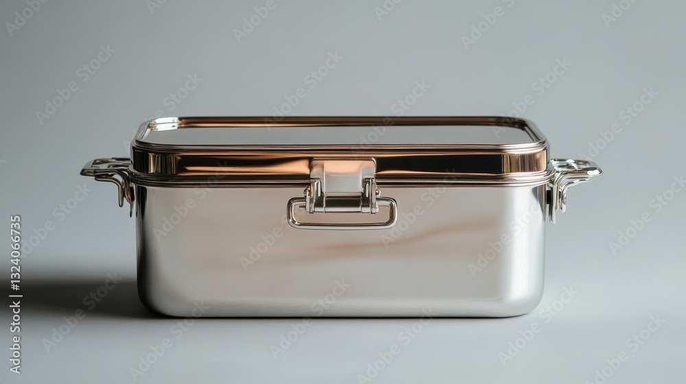 A sleek, metallic lunch box, its lid secured with a sturdy latch, stood proudly on a transparent backdrop, ready to hold your culinary treasures. A sleek, metallic lunch box, its lid secured with a sturdy latch, stood proudly on a transparent backdrop, ready to hold your culinary treasures.