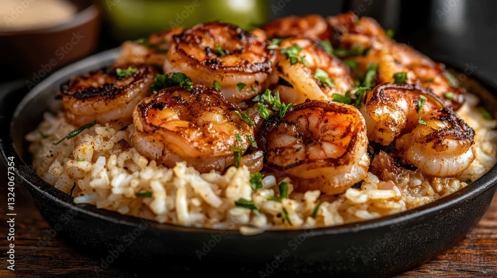 An appetizing dish featuring perfectly grilled shrimp served over a flavorful bed of rice, highlighting delightful culinary techniques and vibrant flavors. An appetizing dish featuring perfectly grilled shrimp served over a flavorful bed of rice, highlighting delightful culinary techniques and vibrant flavors.