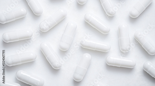 A close-up view of white capsules scattered on a plain background.