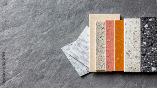 A collection of colorful stone samples on a textured surface for design inspiration.