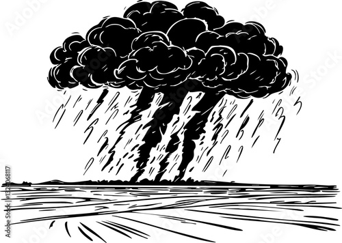 Heavy rainstorm approaching farmland illustrative nature overcast sky dramatic scene depiction