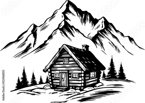 Rustic log cabin in majestic mountain landscape nature illustration serene environment hand-drawn artwork