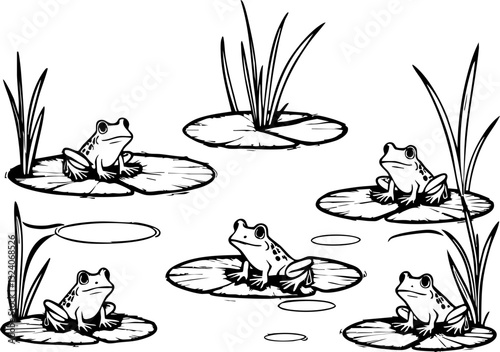 Playful frogs leaping on lily pads tranquil pond illustration nature scene top-down view whimsical moment