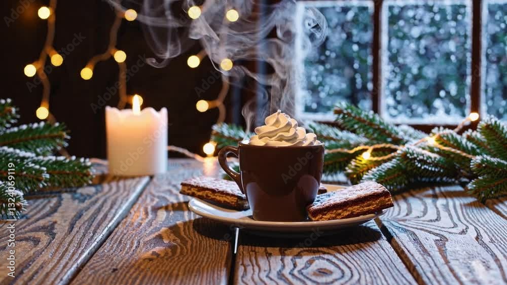 seamless looping time-lapse 4K animation capturing a cozy winter scene filled with delicious food and warm drinks. seamless looping time-lapse 4K animation capturing a cozy winter scene filled with delicious food and warm drinks.