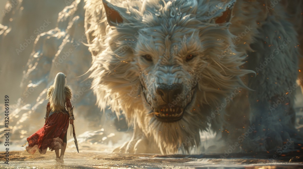 Fototapeta premium Mythical creatures. Photorealistic Fantasy Art: female kitsune barbarian walking toward the camera, slim fit slender toned lean, very muscular with Dramatic Lighting 