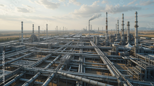 Wallpaper Mural Oil refinery infrastructure, intricate pipeline systems sprawling under expansive skies, industrial landscape devoid of human presence Torontodigital.ca