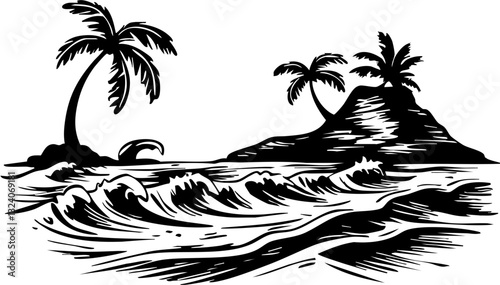 Waves crashing on tropical island shore scenic ocean view black and white illustration serene environment artistic concept