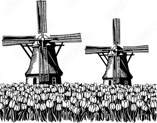 Windmill landscape with tulips dutch countryside illustration vintage style scenic view nature inspired