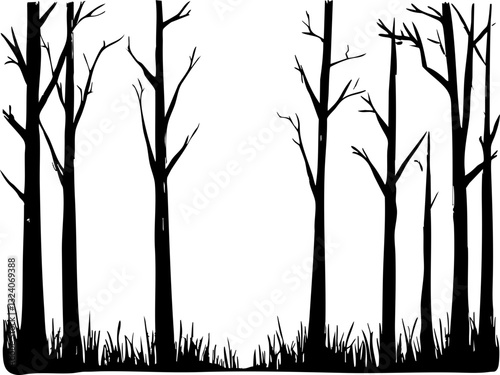 Silent forest scene nature black and white illustration calm environment artistic view evoking mystery