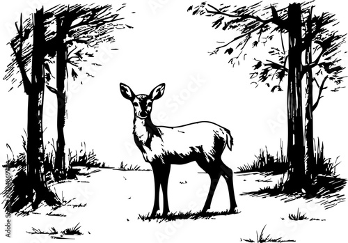 Deer in tranquil forest clearing nature wildlife illustration serene environment artistic perspective