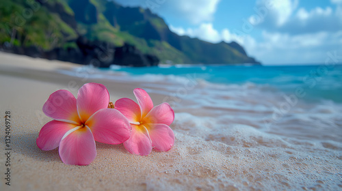 Tropical Beach Paradise: Pink Plumeria Blossoms on Sandy Shore, Coastal Serenity