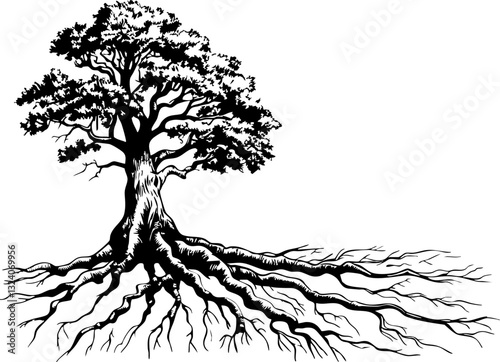 Rooted growth a visual exploration of tree roots nature black and white illustration artistic perspective environmental connection