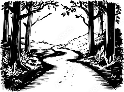 Serene pathway through lush forest nature close-up tranquil environment ground level view calm concept
