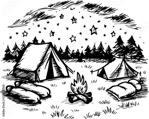 Camping adventure under starry night sky forest clearing illustration outdoor aerial nature and exploration